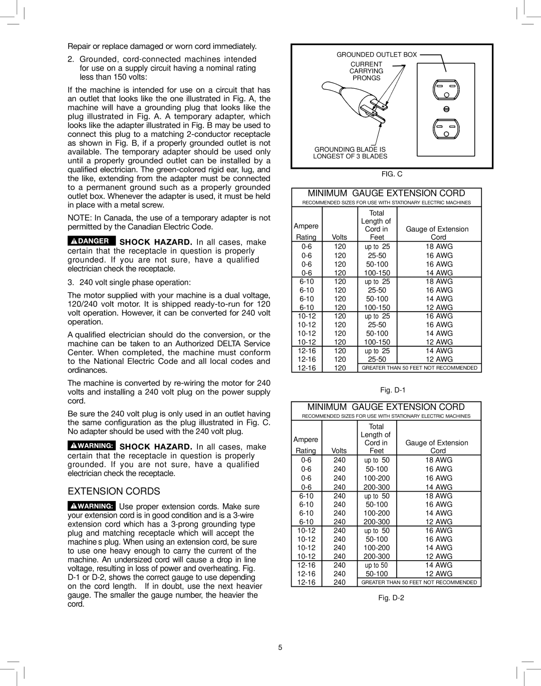 Delta 50-786 instruction manual Extension Cords, Minimum Gauge Extension Cord 